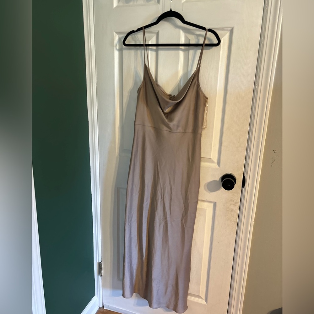 nude maxi dress with slit and adjustable straps